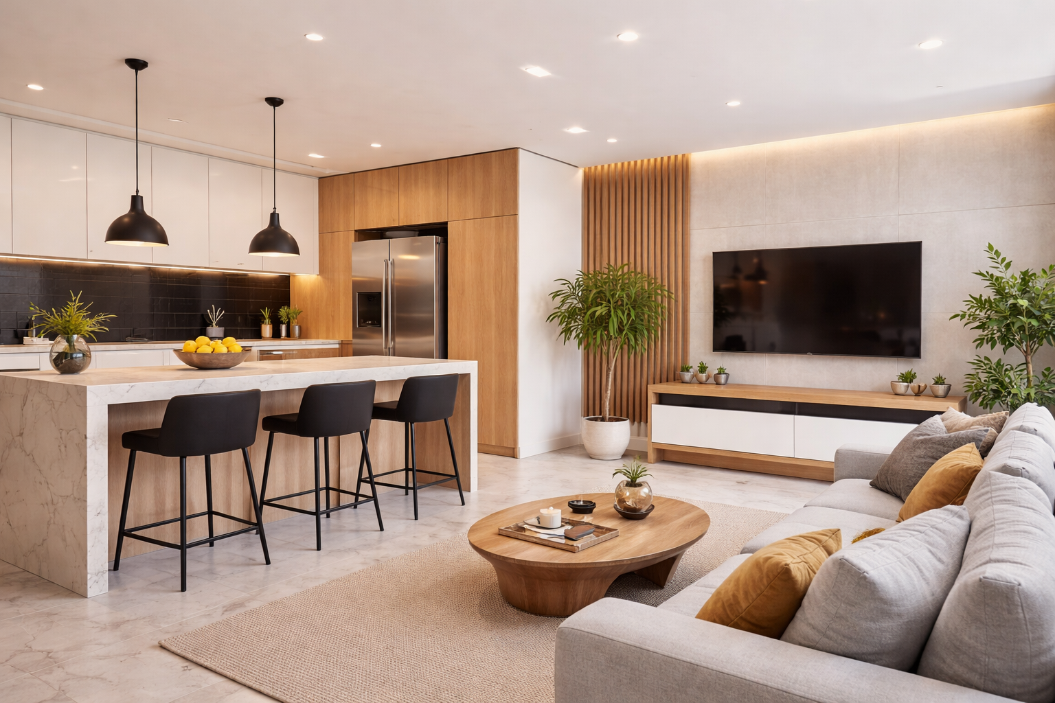 Cozinha e sala integradas com estilo moderno, ilha central, decoração minimalista e ambiente amplo e iluminado