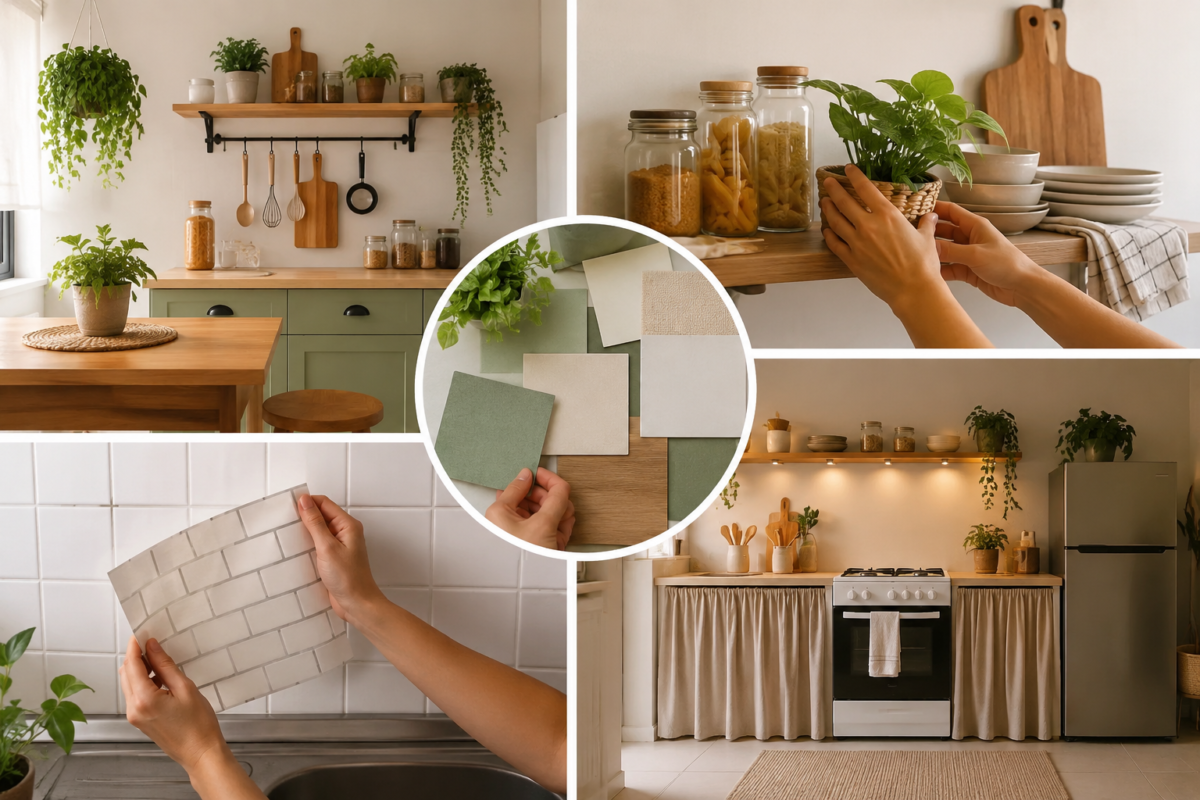 Cozinha simples e bonita decorada de forma econômica com prateleiras de madeira, plantas e organização moderna