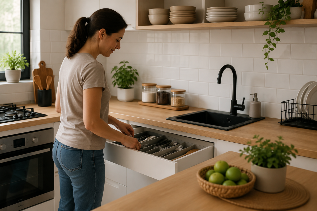 Cozinha simples e bonita com bancada limpa, armários organizados, tons claros e iluminação natural, mostrando praticidade e organização no dia a dia.
