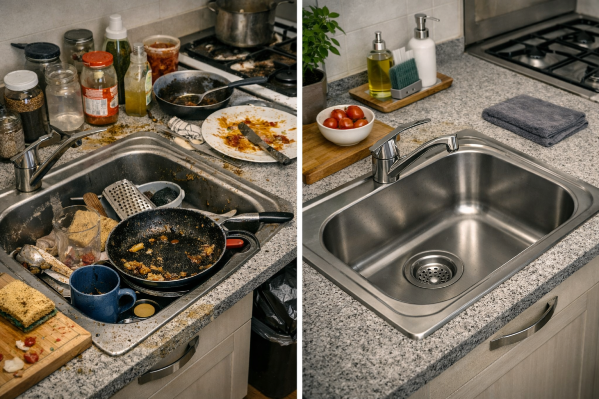 Cozinha suja com pia cheia de louça, bancada engordurada e chão com resíduos