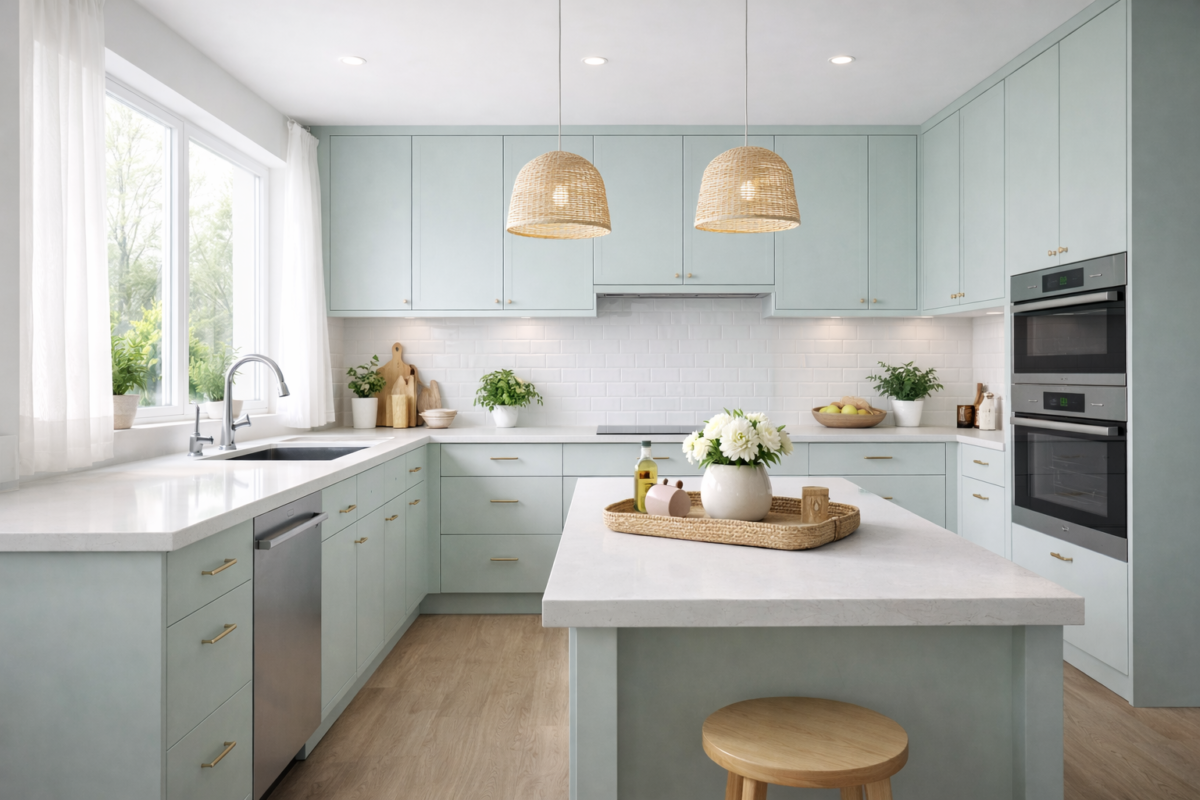 Cozinha verde menta clara com design moderno e ambiente fresco