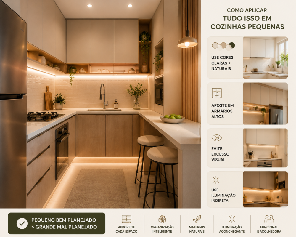 Cozinha pequena moderna com armários altos, iluminação indireta e cores claras naturais