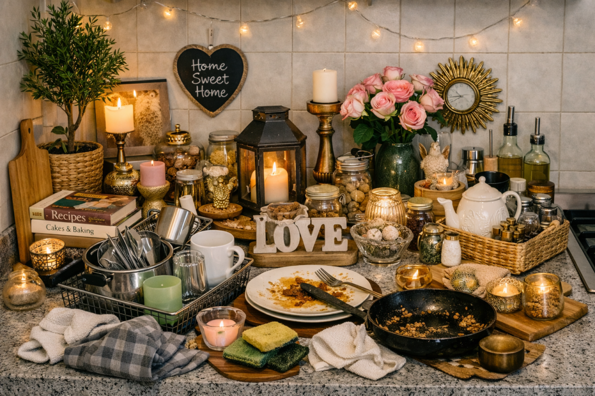 Bancada de cozinha cheia de objetos decorativos que dificultam o uso funcional do espaço, erros na organização da cozinha