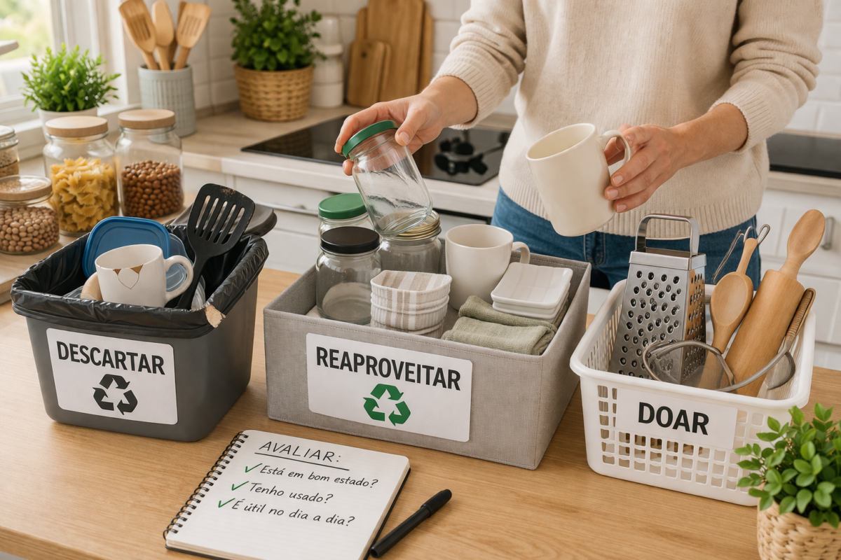 separação de utensílios de cozinha para descartar e doar durante organização