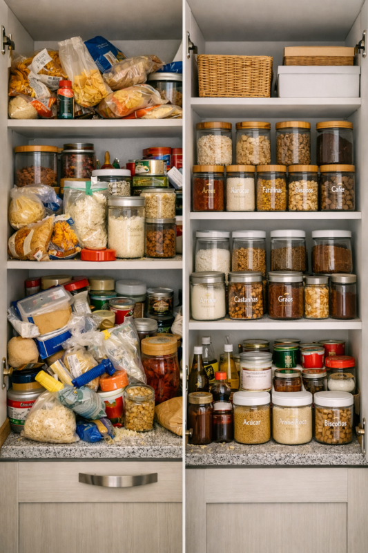 Despensa de cozinha desorganizada com alimentos abertos, embalagens misturadas e potes sem identificação