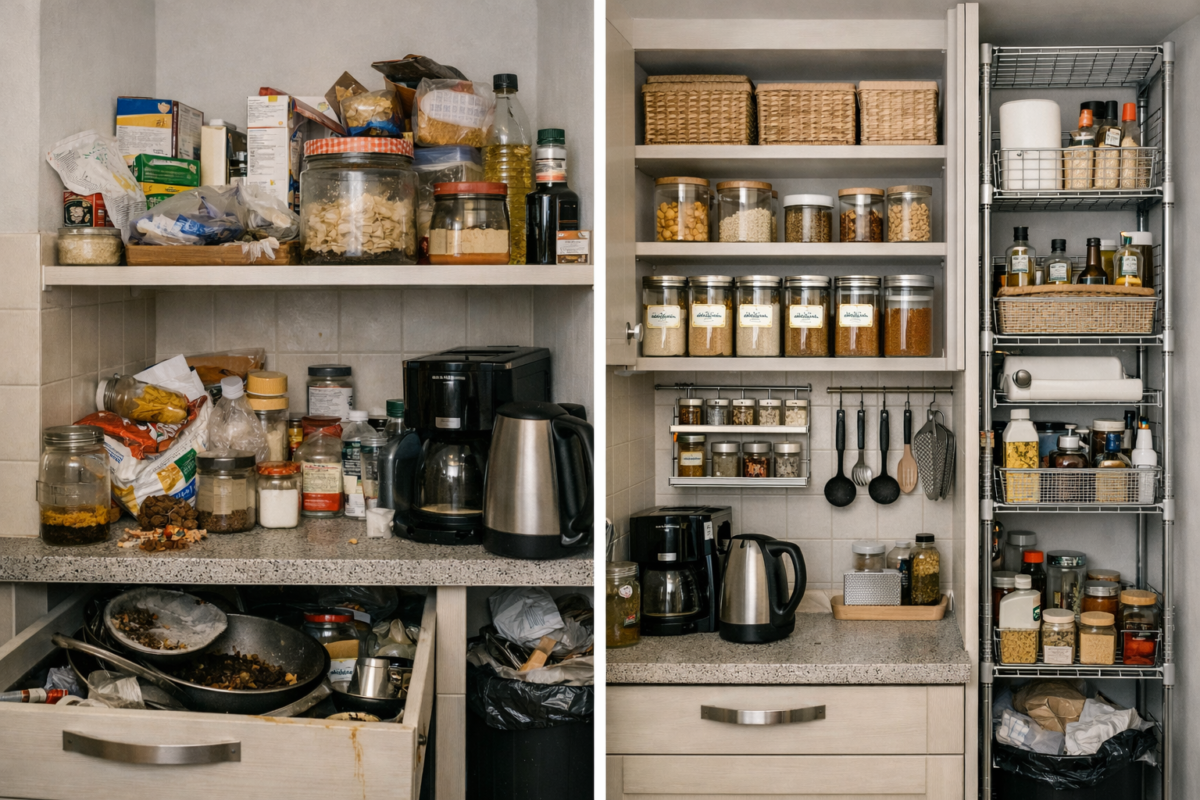 Prateleiras de cozinha com espaço vertical desperdiçado e utensílios mal distribuídos