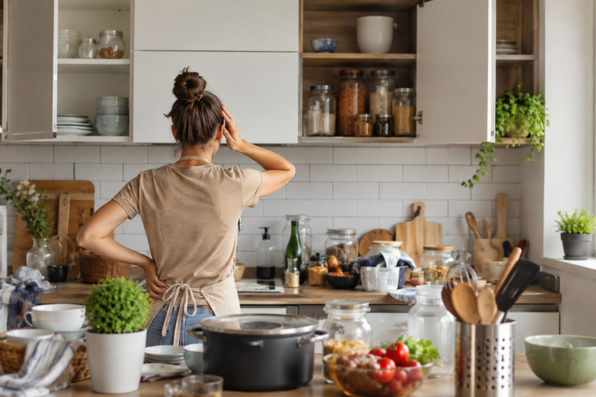 Mulher analisando cozinha moderna com armários abertos e objetos desorganizados sobre a bancada