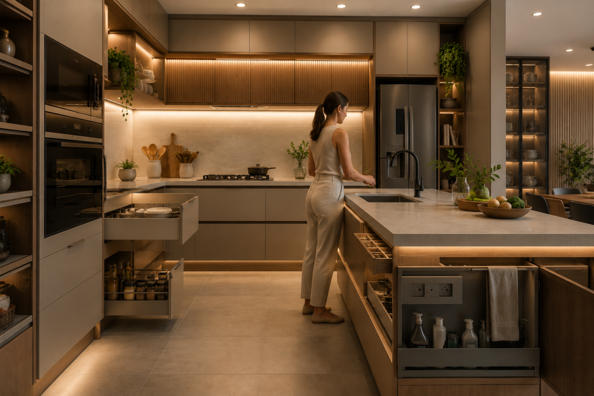 Cozinha moderna funcional com ergonomia inteligente, armários planejados e eletrodomésticos embutidos