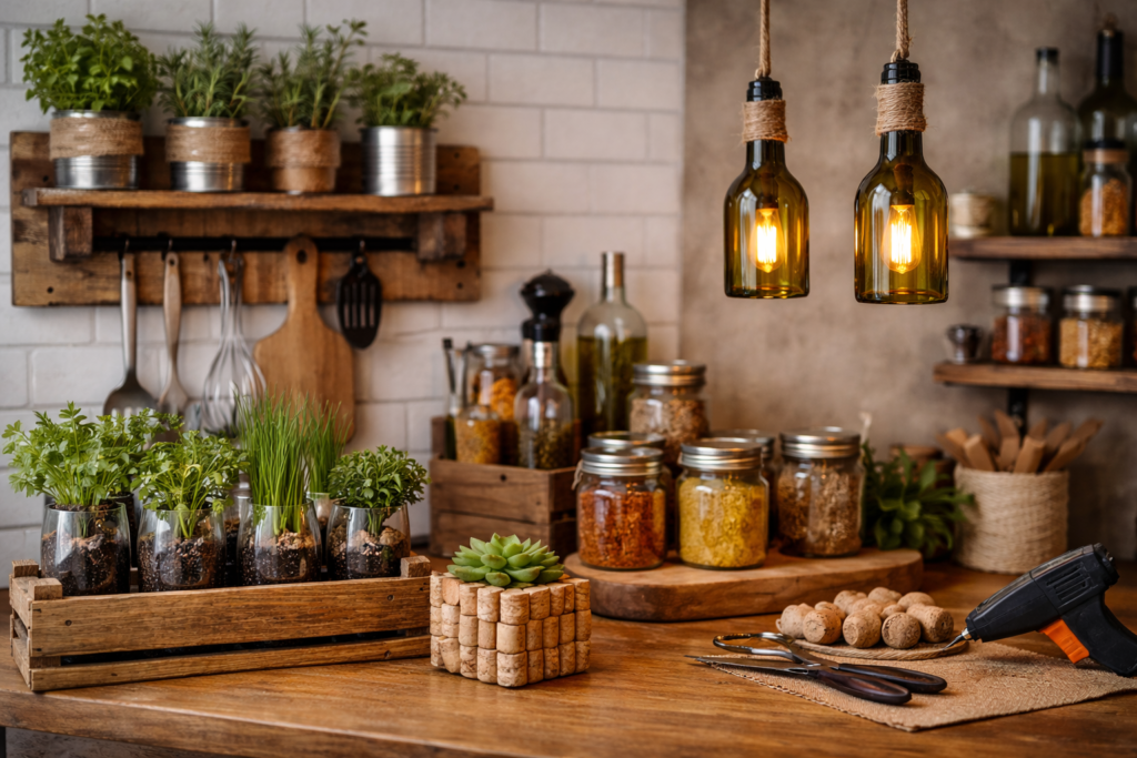 Ideias criativas de decoração para cozinha usando materiais recicláveis como garrafas de vidro, potes reutilizados e madeira reciclada Decoração para Cozinha com Materiais Recicláveis