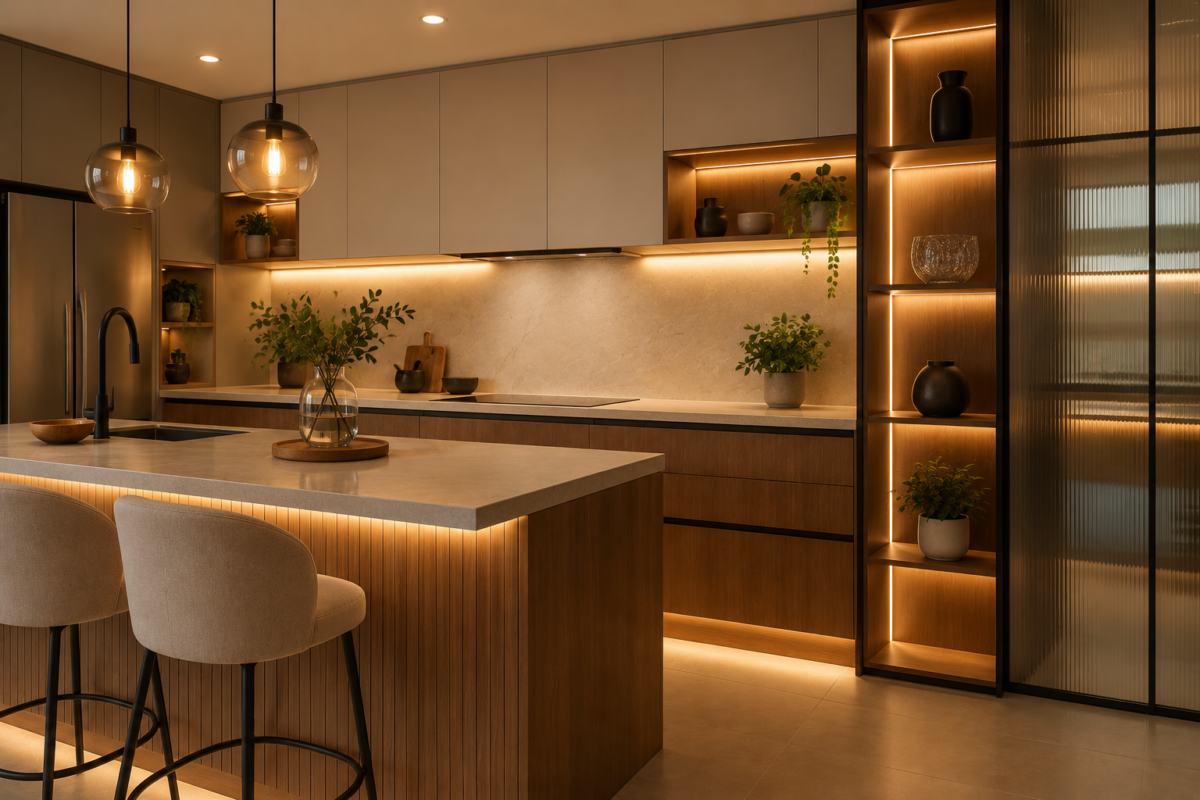 Cozinha moderna com iluminação aconchegante em LED embutido e luz indireta sob armários