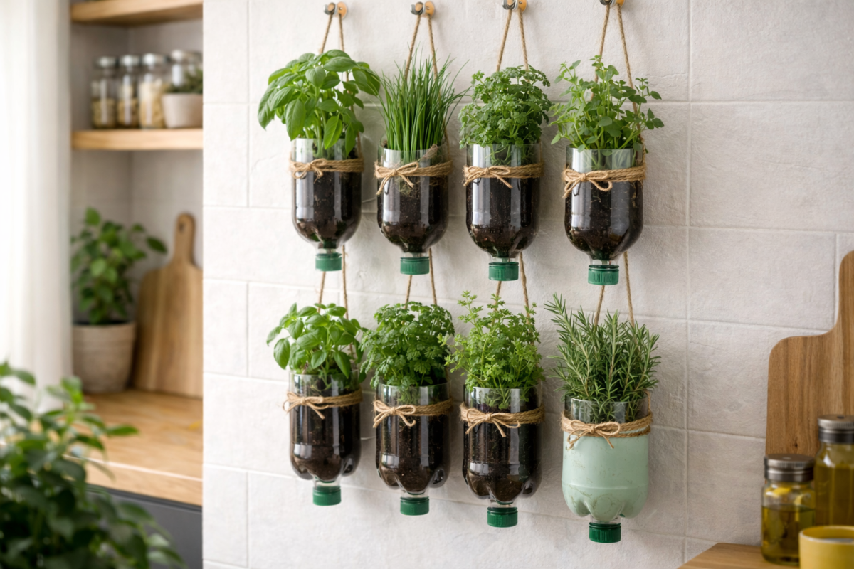 horta vertical com garrafas pet recicladas na parede da cozinha