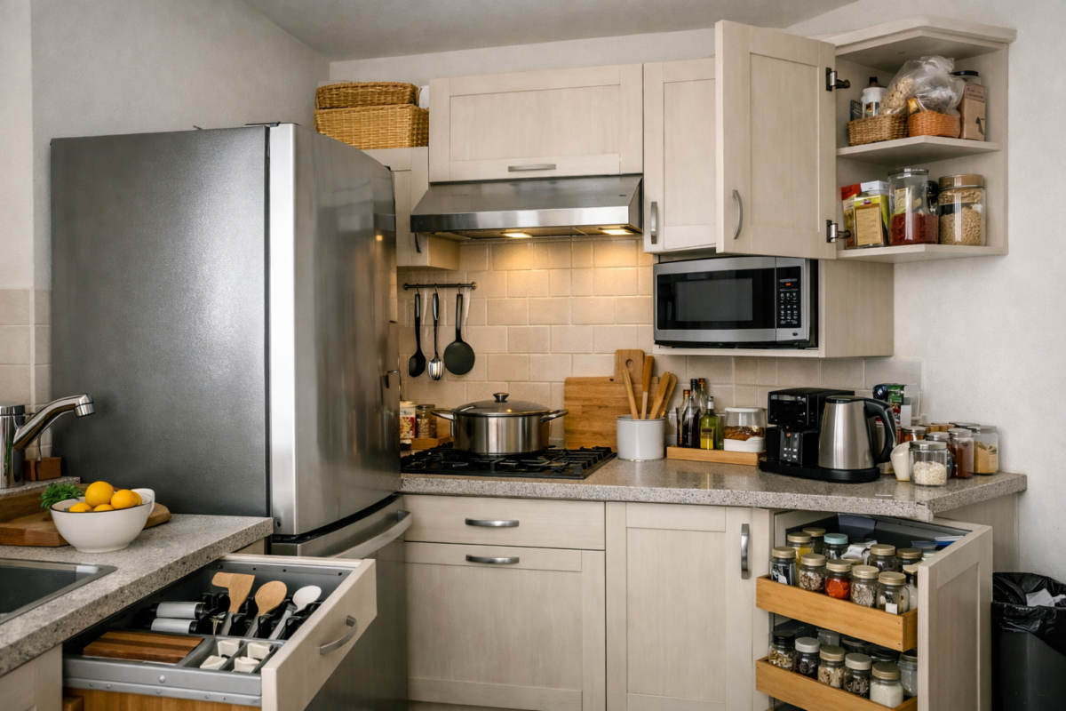 Cozinha com layout mal planejado, geladeira no caminho e armário difícil de acessar