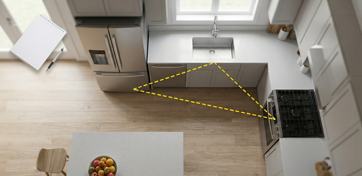 Diagrama de vista aérea de uma cozinha funcional em L, mostrando o triângulo de trabalho visual unindo a geladeira, pia e fogão com linhas tracejadas amarelas, livre de textos.