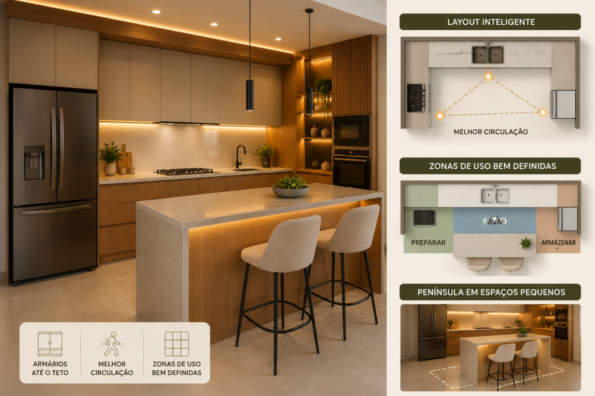 Cozinha moderna com layout inteligente, armários até o teto e península funcional em espaço pequeno