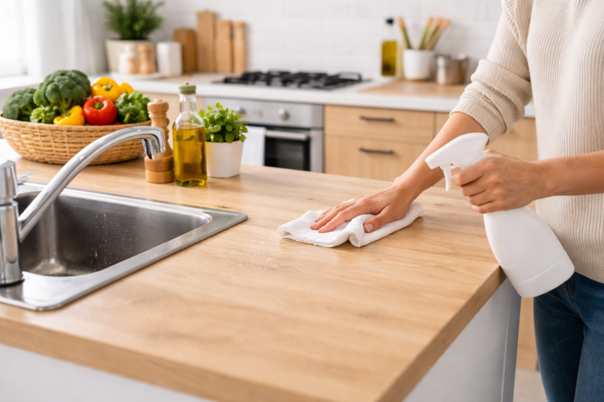 pessoa limpando bancada da cozinha ao lado da pia com pano e spray de limpeza