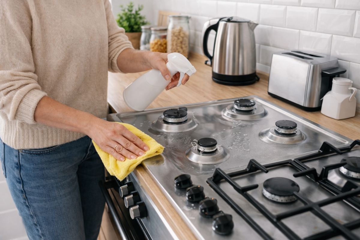 pessoa limpando fogão da cozinha com pano e spray de limpeza