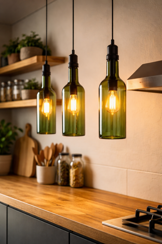 luminária pendente com garrafa de vidro reciclada iluminando bancada de cozinha
