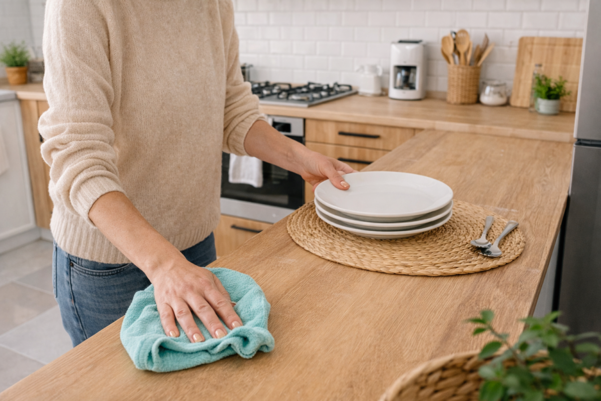 pessoa organizando a cozinha e limpando bancada como parte da rotina diária