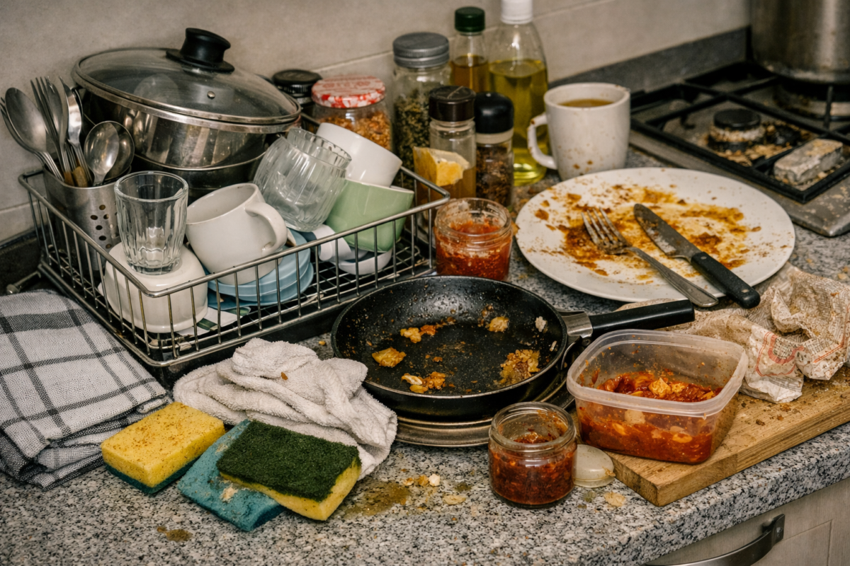 Utensílios de cozinha limpos misturados com pratos engordurados e itens sujos na mesma bancada