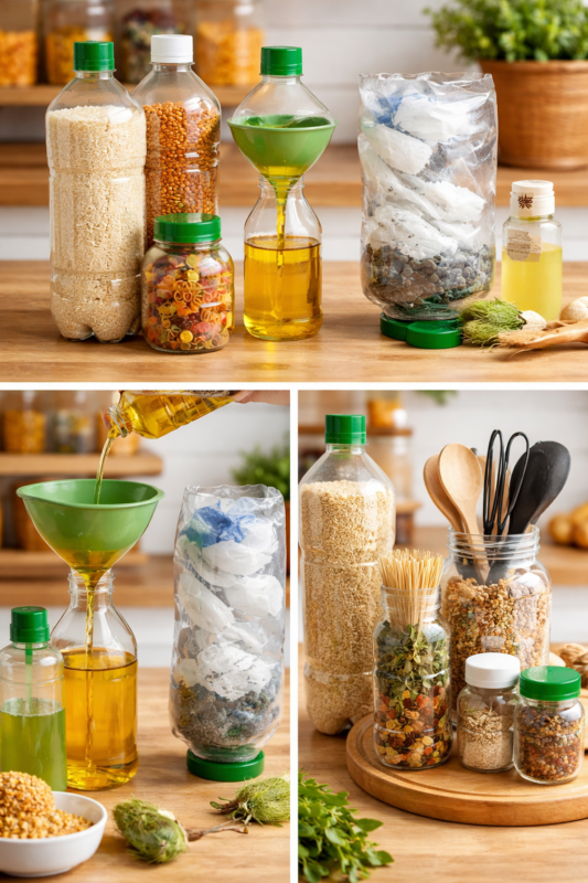 cozinha organizada com garrafas pet reutilizadas para armazenamento