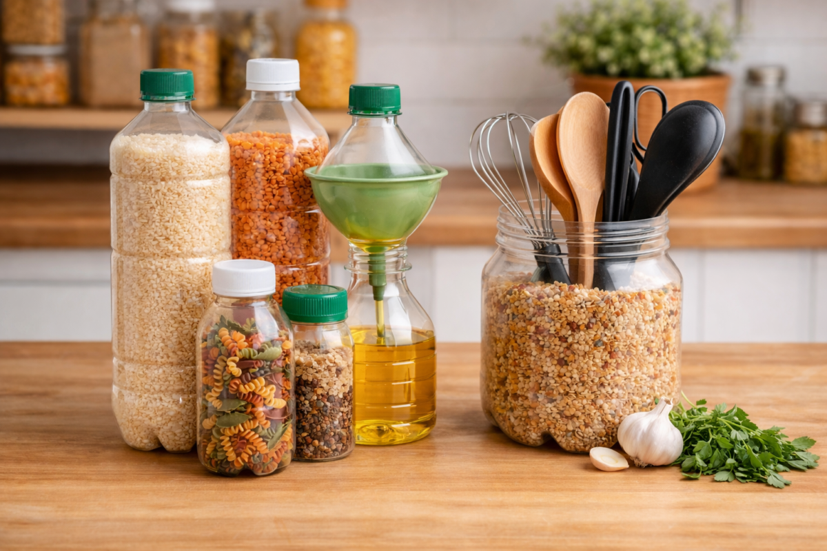 organização de cozinha com garrafas pet reutilizadas para alimentos