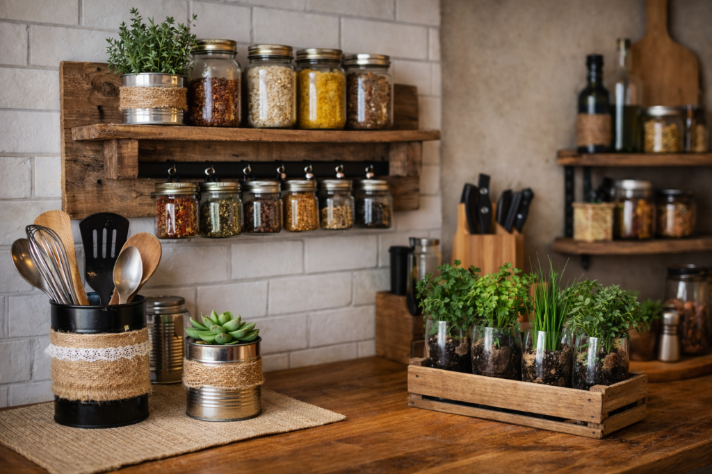 Organização de cozinha com materiais recicláveis usando potes de vidro, latas reutilizadas e prateleira de madeira