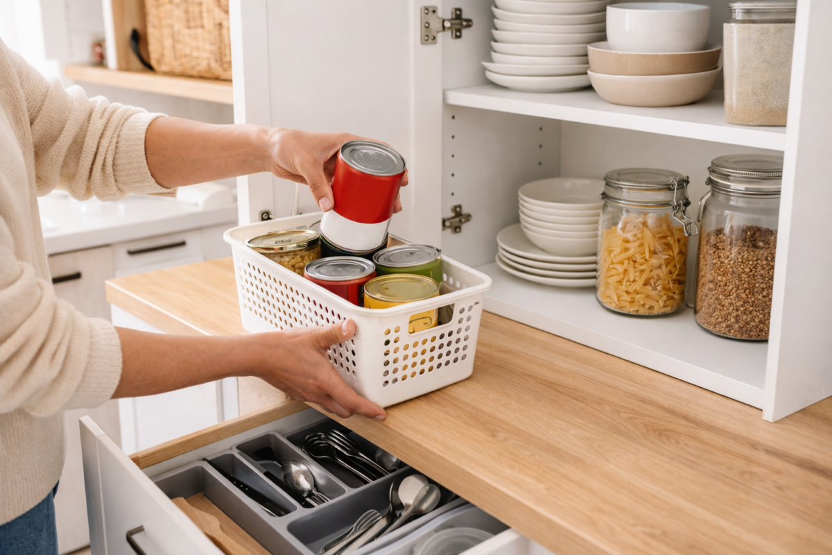 organização de armários e gavetas da cozinha com utensílios separados por categoria