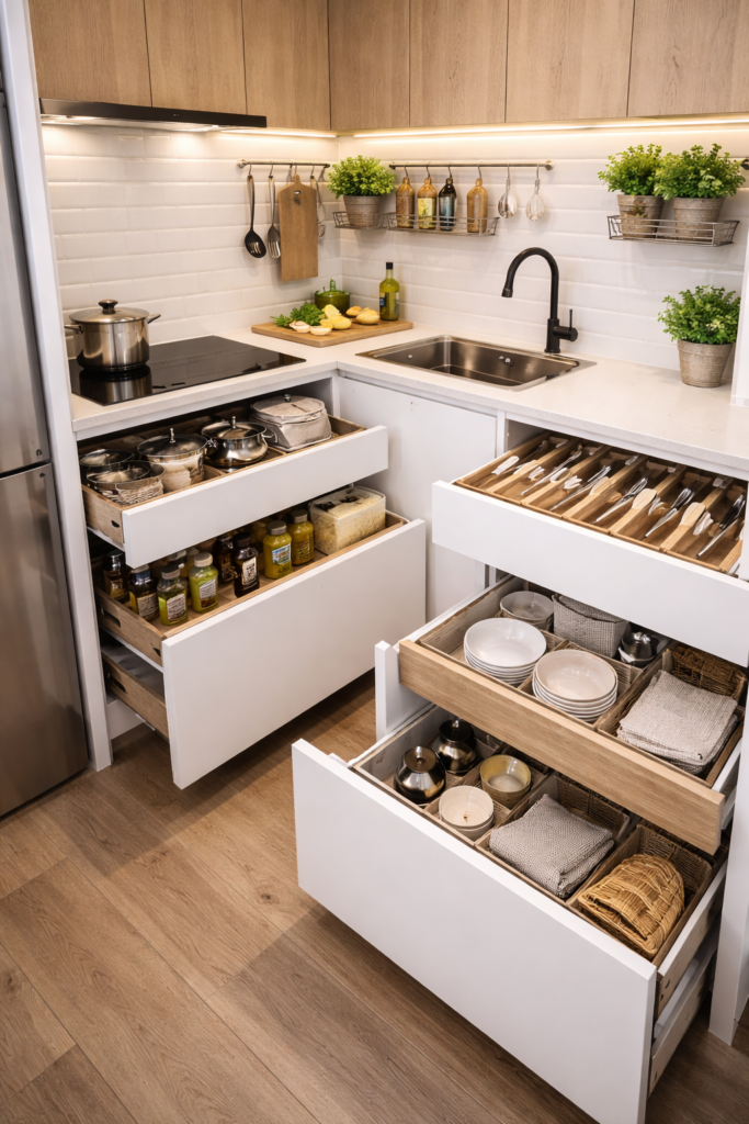 Organização interna de cozinha pequena funcional com gavetas planejadas e divisórias estratégicas