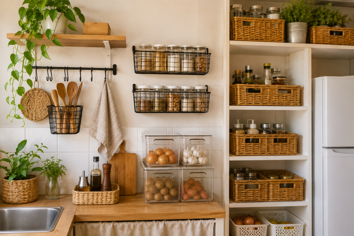 Cozinha organizada com organizadores baratos, cestos de vime e caixas acrílicas modernas