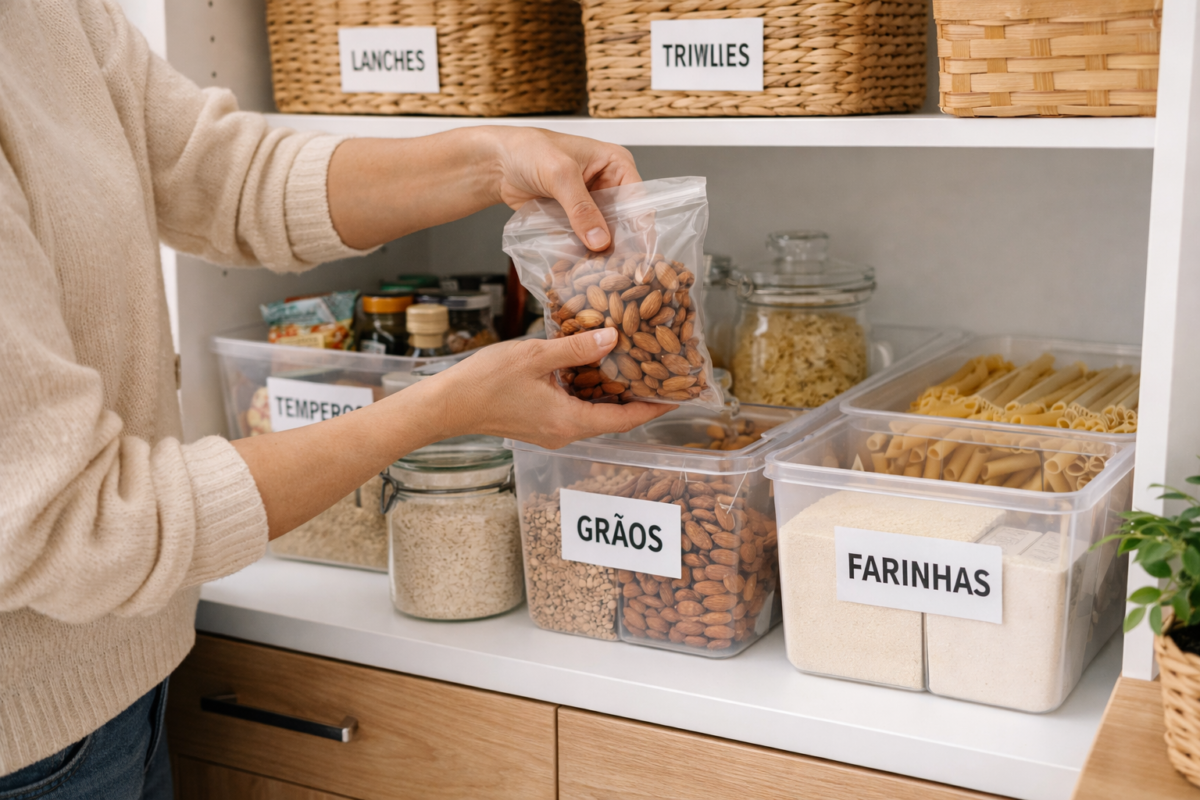 uso de organizadores e caixas para manter armários da cozinha organizados