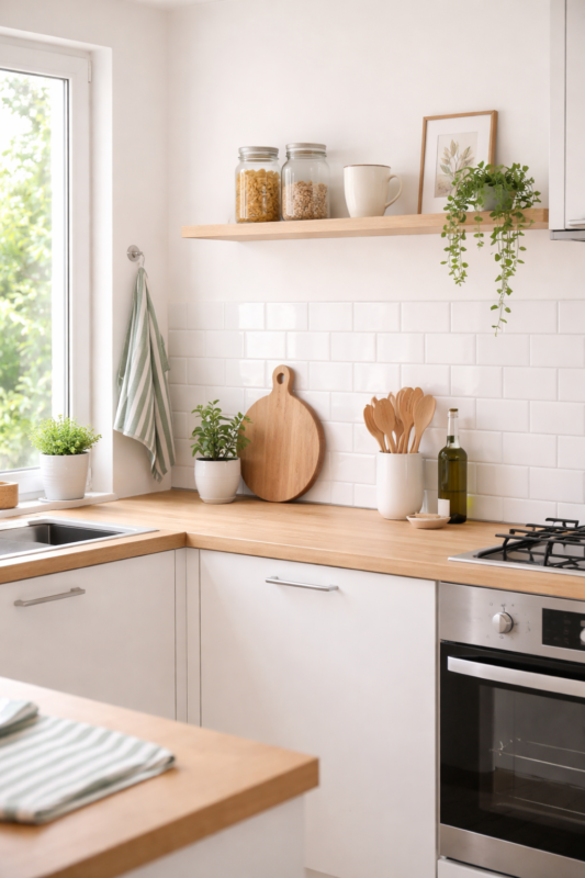 Cozinha pequena organizada com decoração minimalista, prateleira com poucos itens e planta, mostrando personalização sem exageros