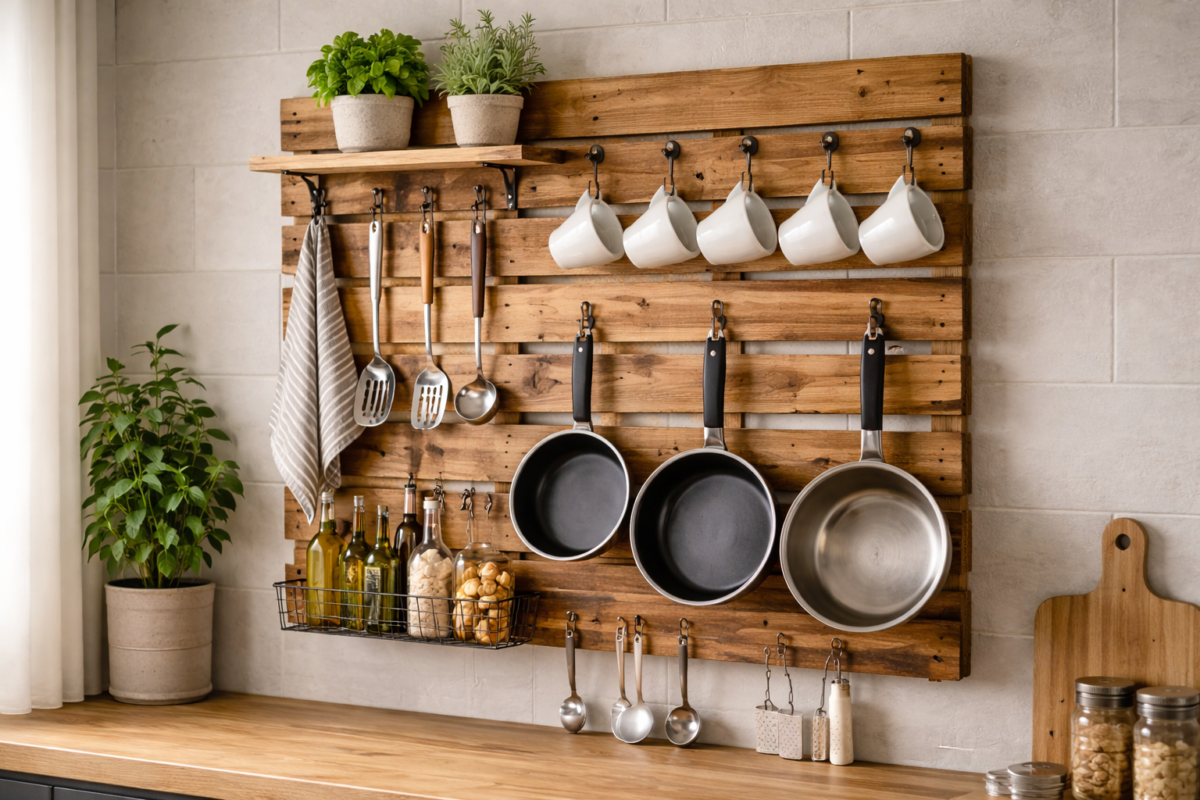 painel de cozinha feito com pallet reciclado organizando panelas e utensílios