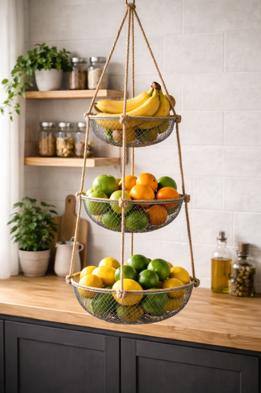 porta frutas suspenso com corda e cestos organizando frutas na cozinha