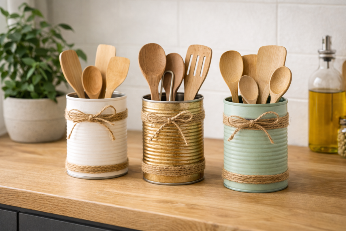 porta talheres feito com latas recicladas decoradas na bancada da cozinha