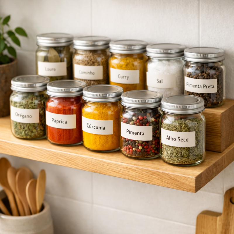 porta temperos com potes de vidro reciclados organizados na cozinha