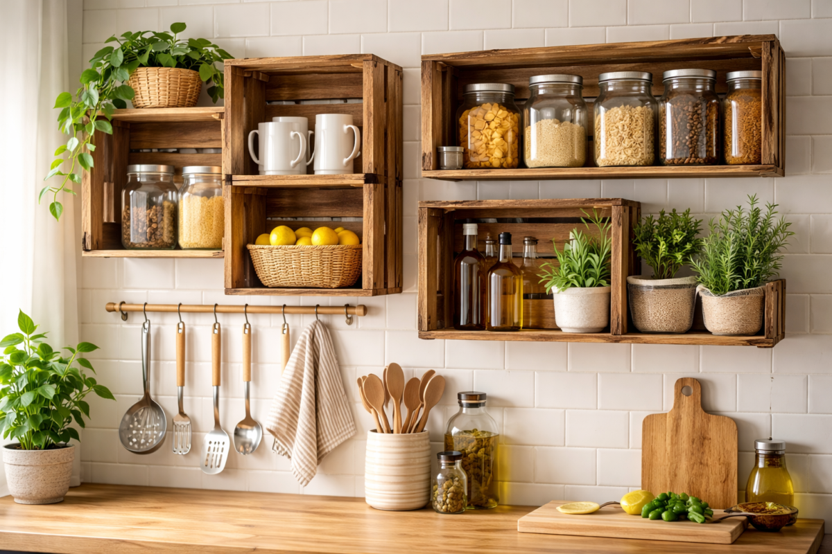 prateleiras feitas com caixotes de madeira reciclados organizando cozinha