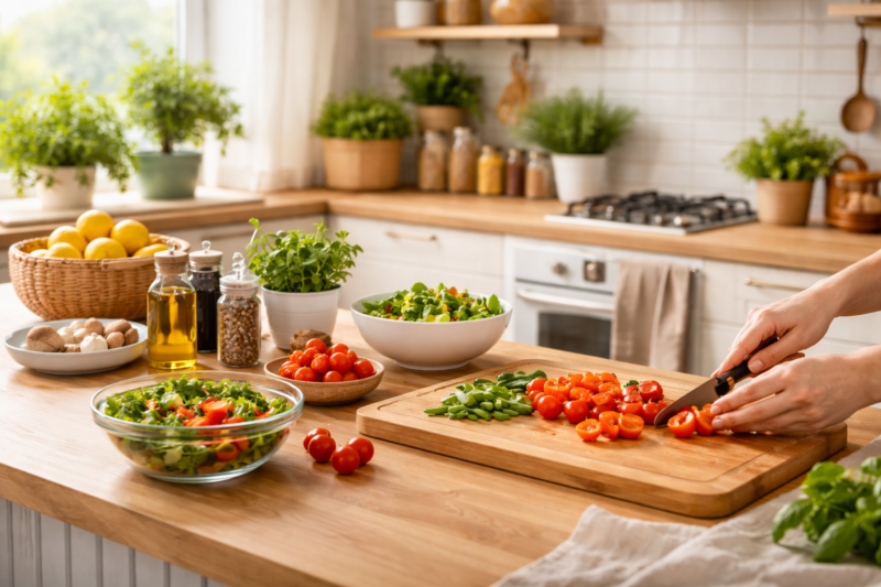estilo da cozinha influenciando a experiência de cozinhar em ambiente organizado, preparo de alimentos em cozinha moderna organizada mostrando experiência de cozinhar