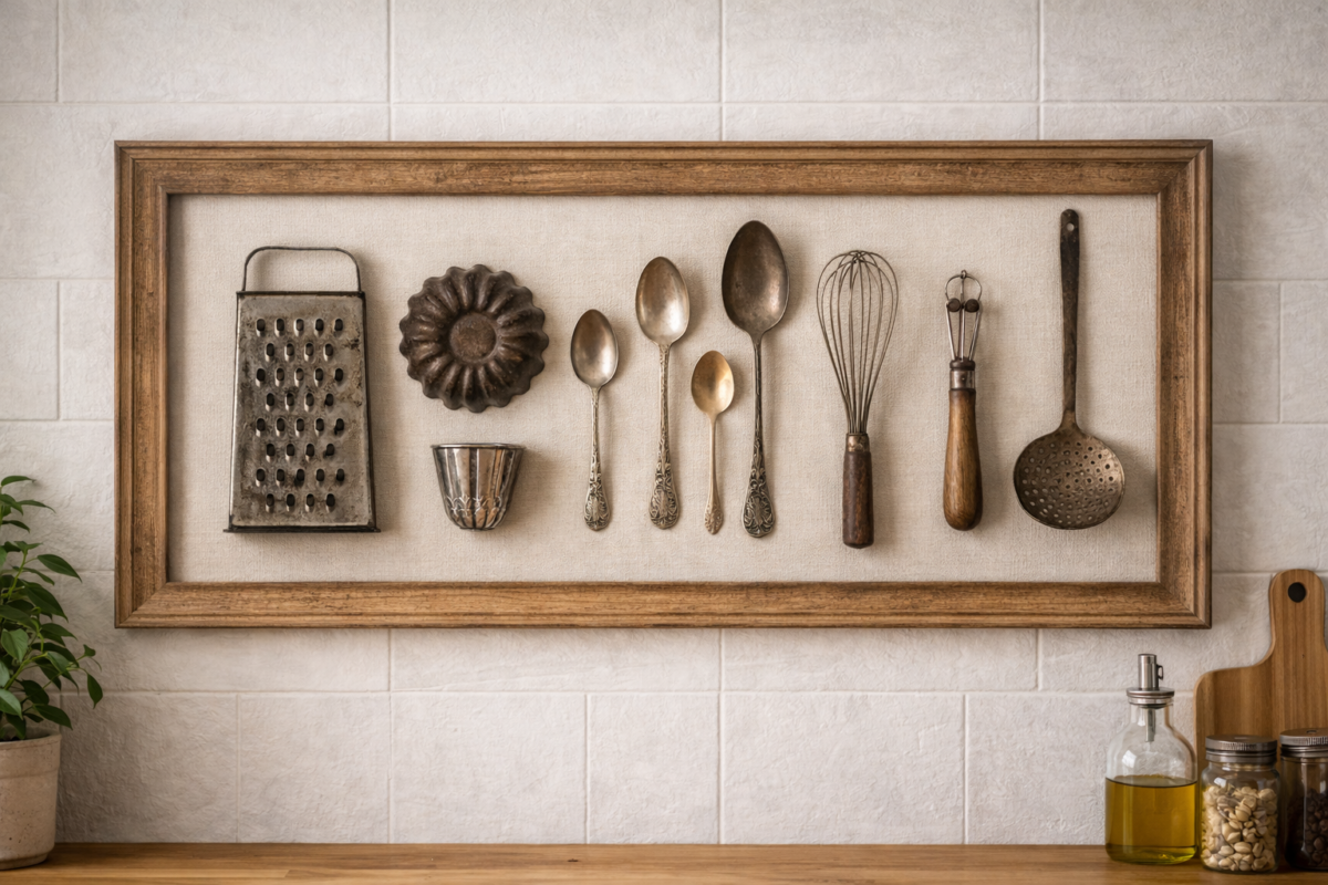quadro decorativo com utensílios antigos de cozinha como colheres e ralador