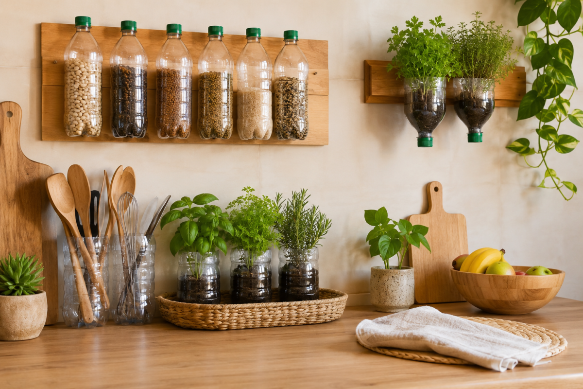 Organização de cozinha simples com reaproveitamento de garrafas PET e decoração sustentável