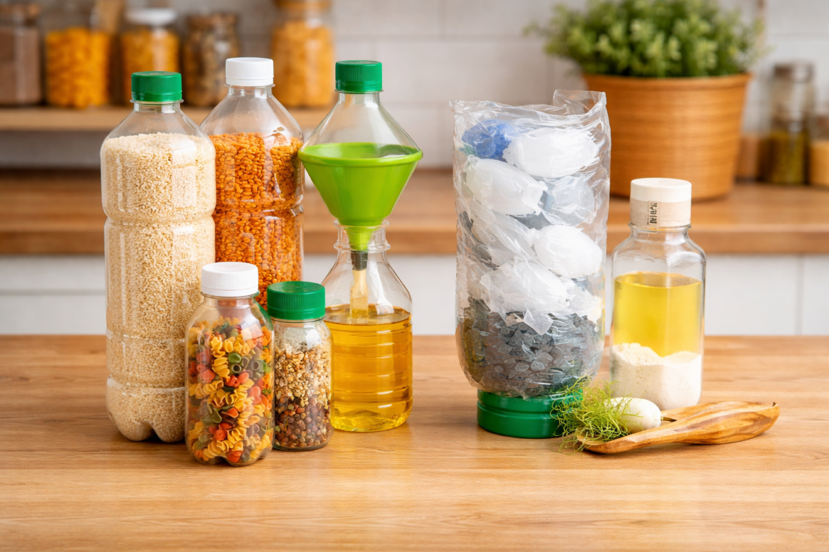 reaproveitar garrafas pet na cozinha com organização e economia