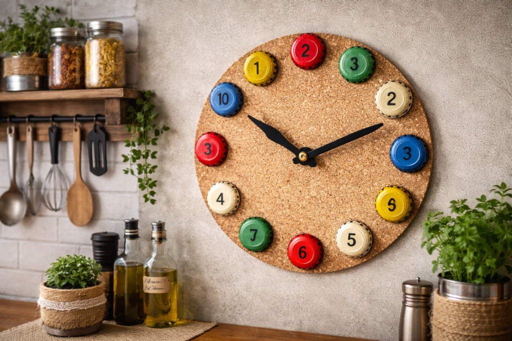 Relógio de parede feito com tampinhas de garrafa recicladas coloridas em formato decorativo