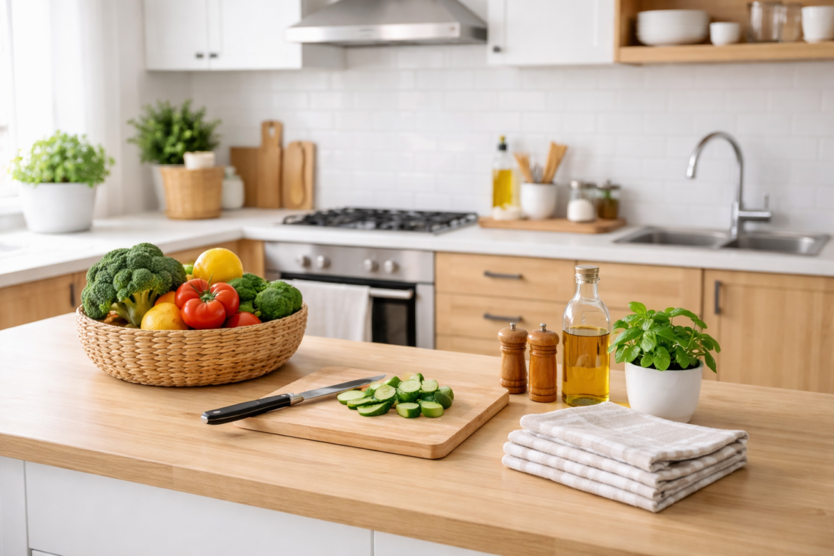 cozinha organizada com alimentos frescos sendo preparados em bancada limpa, Passos para Manter Sua Cozinha Organizada 