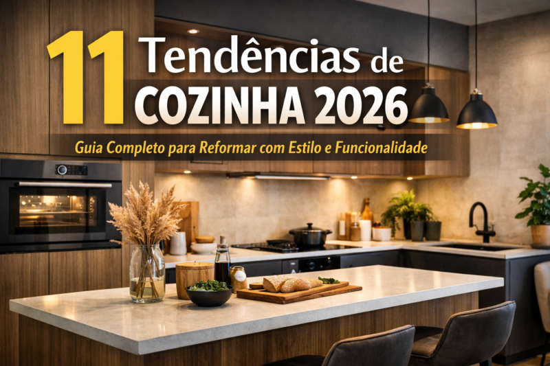 Cozinha moderna 2026 com ilha central, armários naturais e iluminação aconchegante