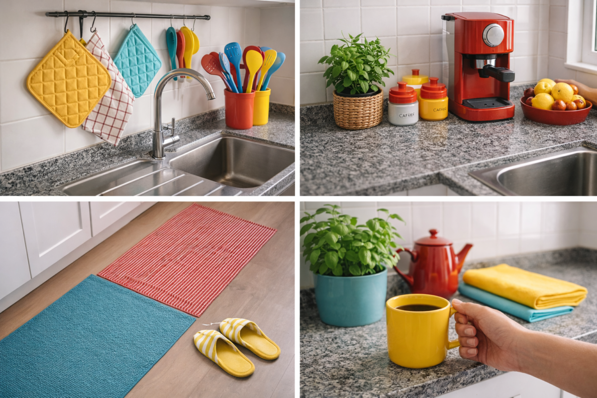 acessorios coloridos na cozinha com panos tapetes e utensilios para decoracao simples e barata