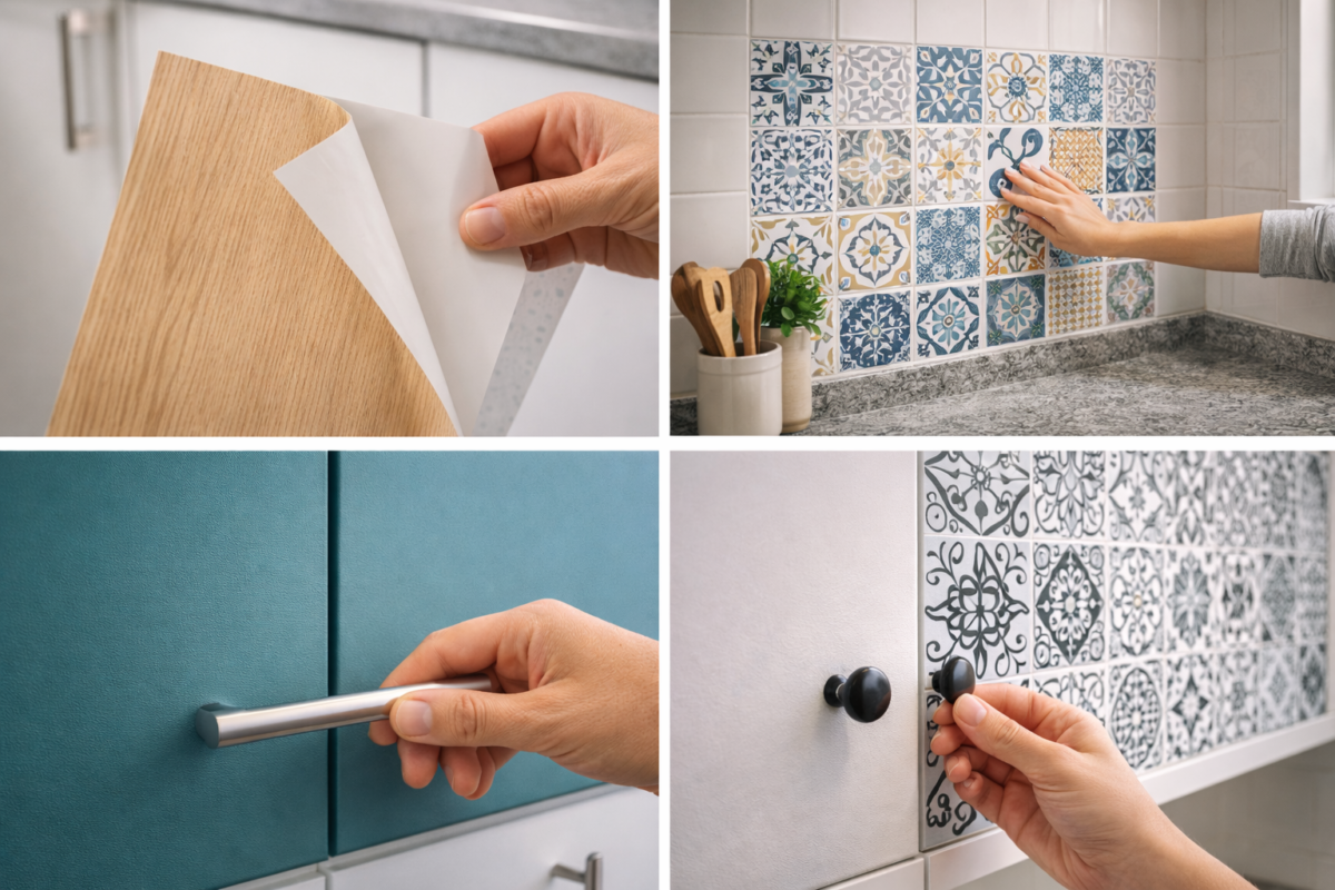 uso de papel contact e adesivos na cozinha para renovar armarios e azulejos de forma barata