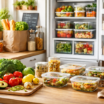 Cozinha organizada com alimentos frescos e potes armazenados corretamente para evitar desperdício de alimentos