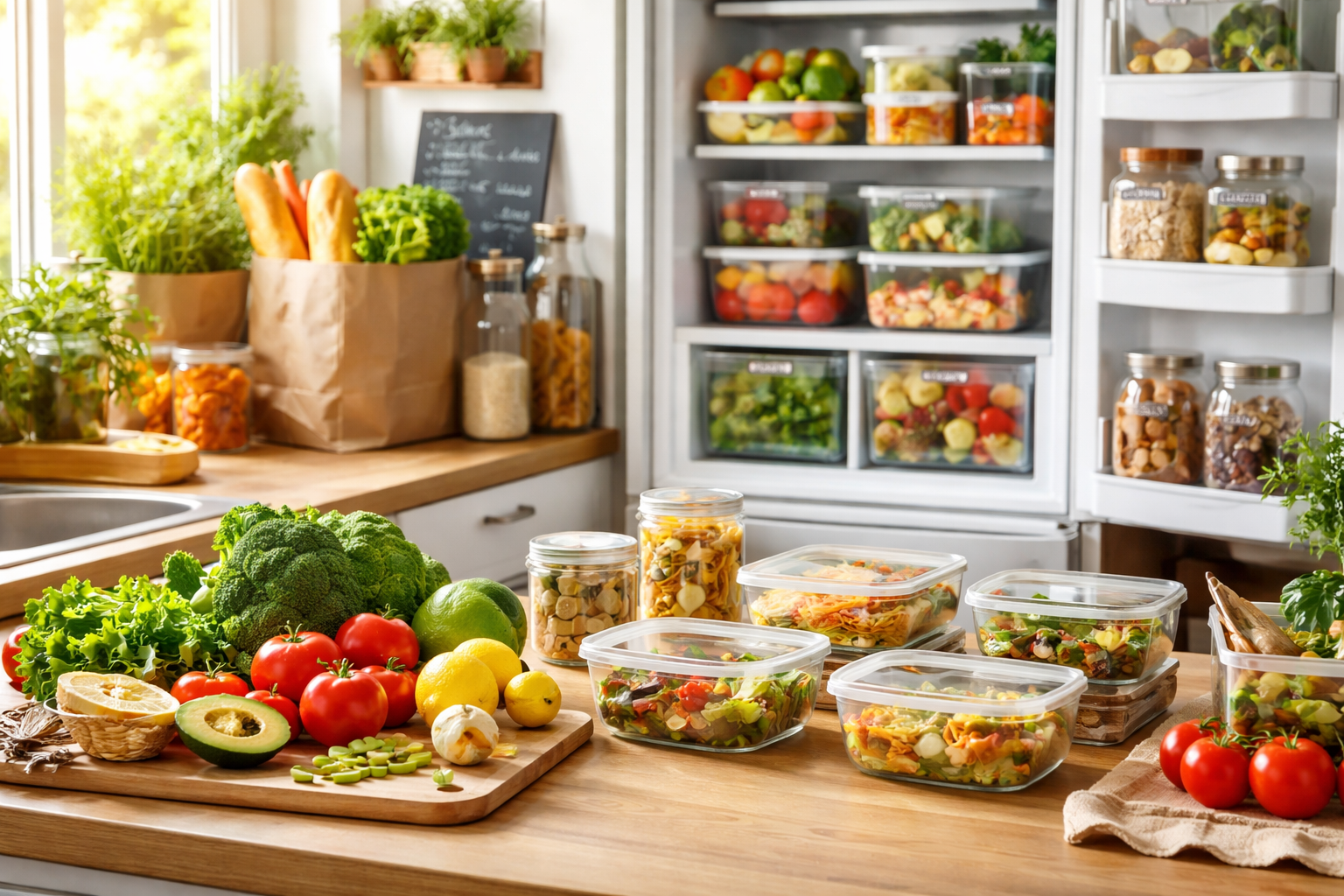 Cozinha organizada com alimentos frescos e potes armazenados corretamente para evitar desperdício de alimentos