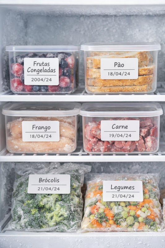 alimentos congelados organizados e rotulados corretamente para evitar desperdício e conservar qualidade