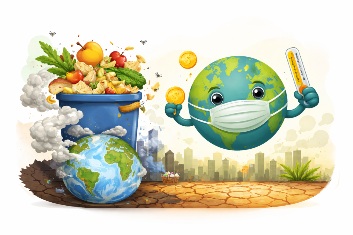 Ilustração mostrando desperdício de alimentos e seus impactos ambientais e econômicos no planeta, Como Evitar Desperdício de Alimentos