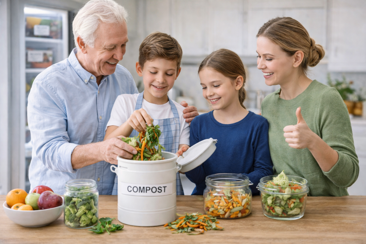 familia aprendendo sobre educação alimentar e evitando desperdício de alimentos na cozinha